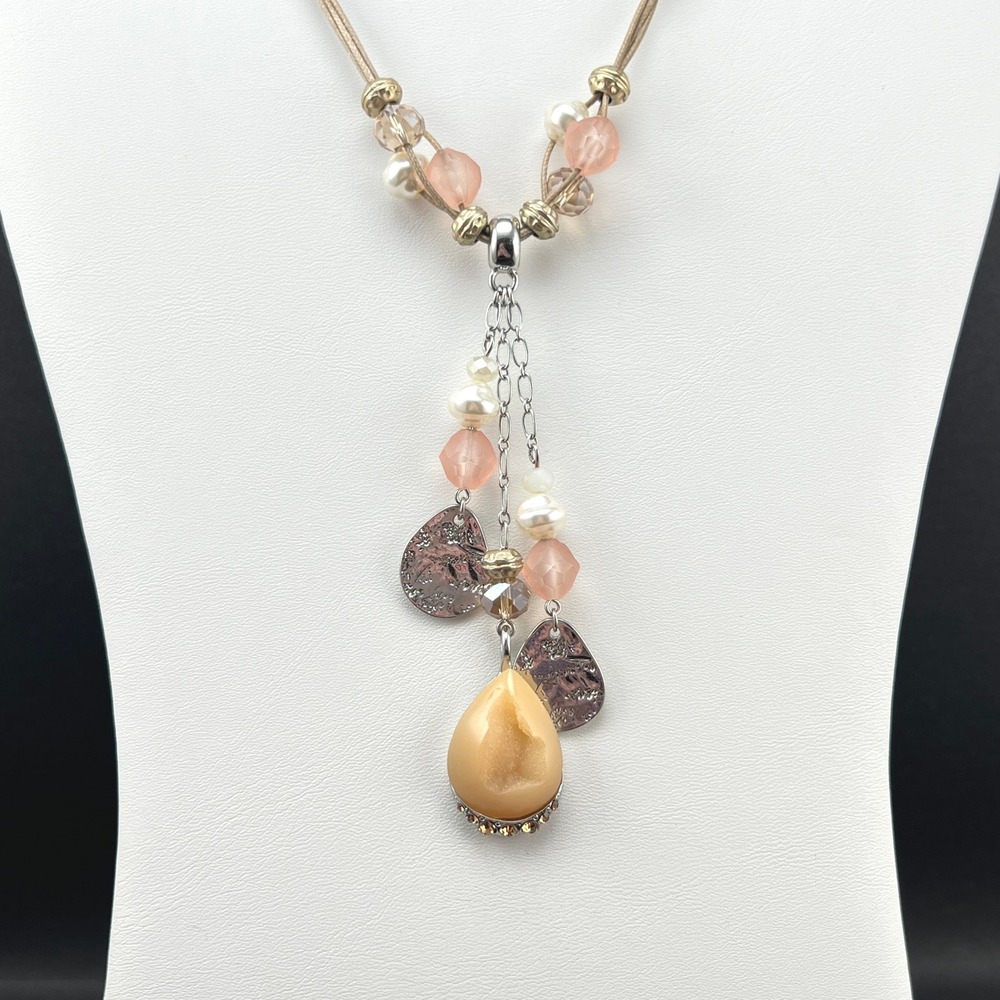 Chicos Beaded Statement Necklace Peach Pink Tan Druzy Teardrop Faux Pearl 22"
